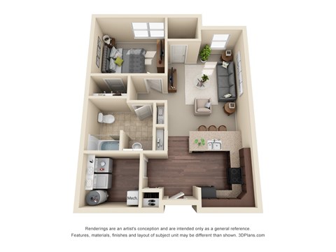 Floor plan for 1 bed, 1 bath, 663 sqft